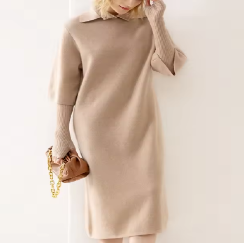 Women's high-end brand cashmere dress, thick five-sleeve lapel long dress for autumn and winter, polo collar mid-sleeve dress